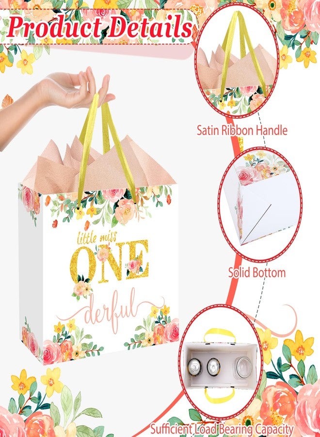 Woosytoo Baby Girl 1st Birthday Gift Bag Little Miss Onederful Gift Bag with Greeting Card and Tissue Papers Floral First Birthday Wrapping Paper Bag for Girls Newborn Baby Shower Christmas One Year Old Party - Image 3